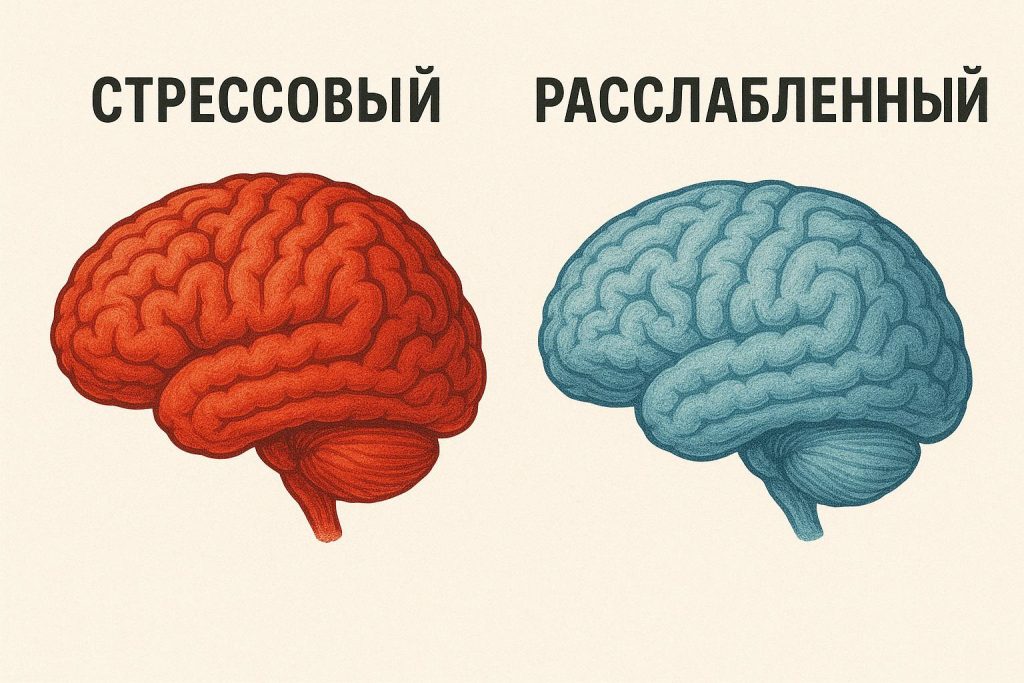 Сравнение двух состояний мозга - стрессового и расслабленного, с подписями
